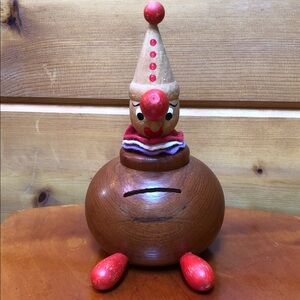 Vintage MCM Mid Century Wooden Wool Clown Bank Waldorf Children’s decor Denmark